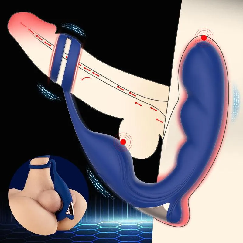9 Frequency Vibrating Prostate Massager Double Cock Ring IPX6 Waterproof