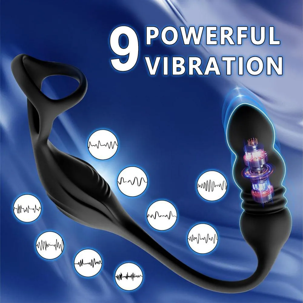 9 Thrusting & 9 Vibration Male Anal Vibrator Prostate Massager with Penis Ring Remote Control Butt Plug Adult Toys