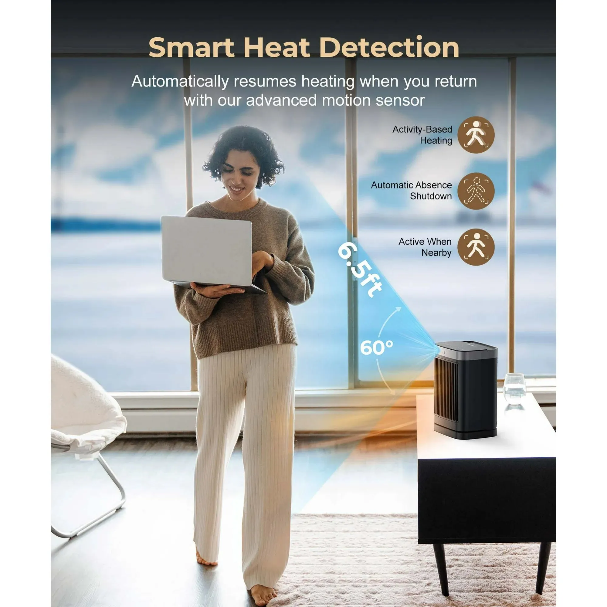 Abolee Space Heaters with Motion Sensor, 1500W Black