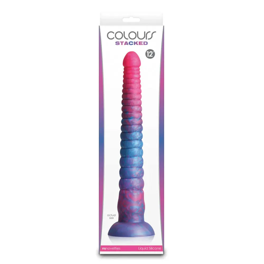 Colours Stacked 12" Ribbed Liquid Silicone Dildo With Suction Cup