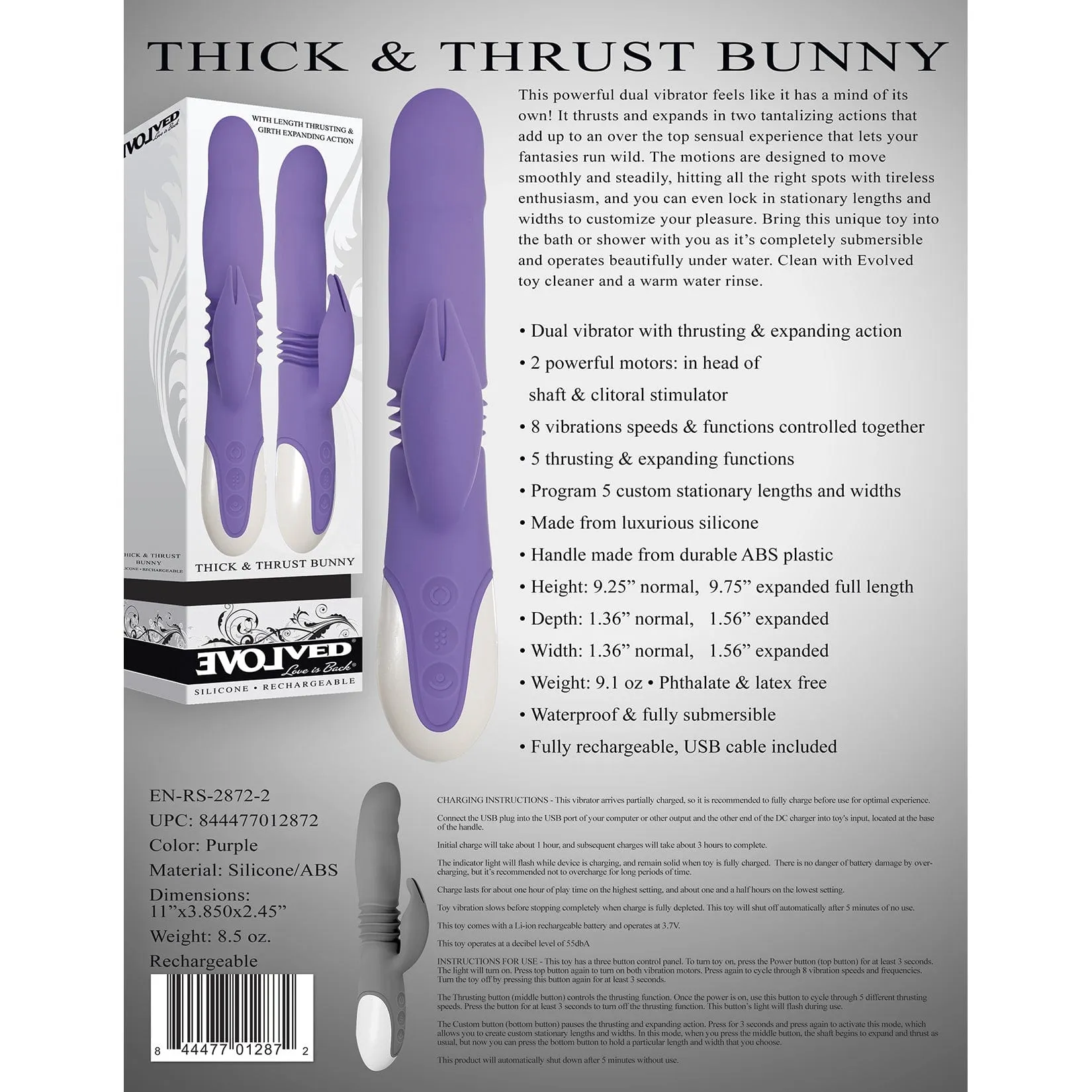 Evolved - Thick and Thrust Bunny Silicone Rechargeable Rabbit Vibrator (Purple)