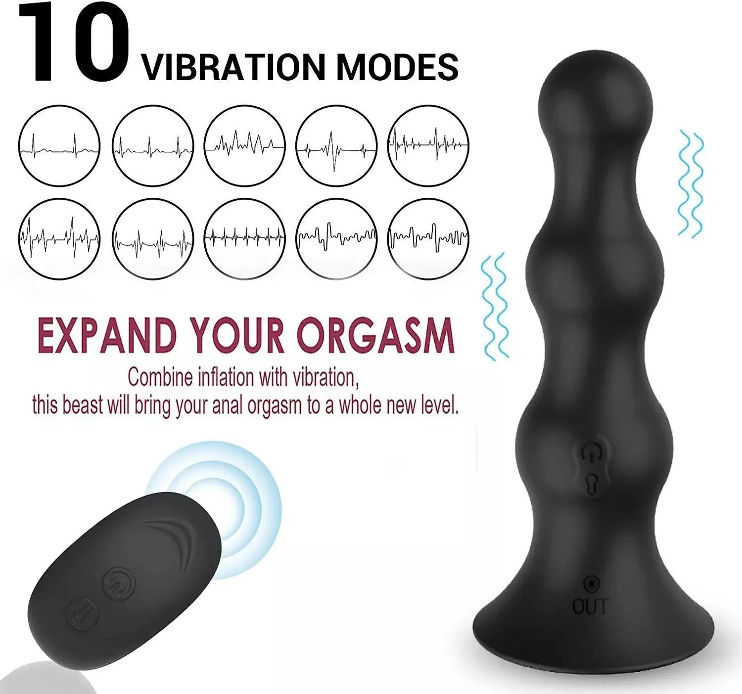 Inflatable Butt Plug 3 Anal Beads 10 Vibration Remote Control Prostate Massager