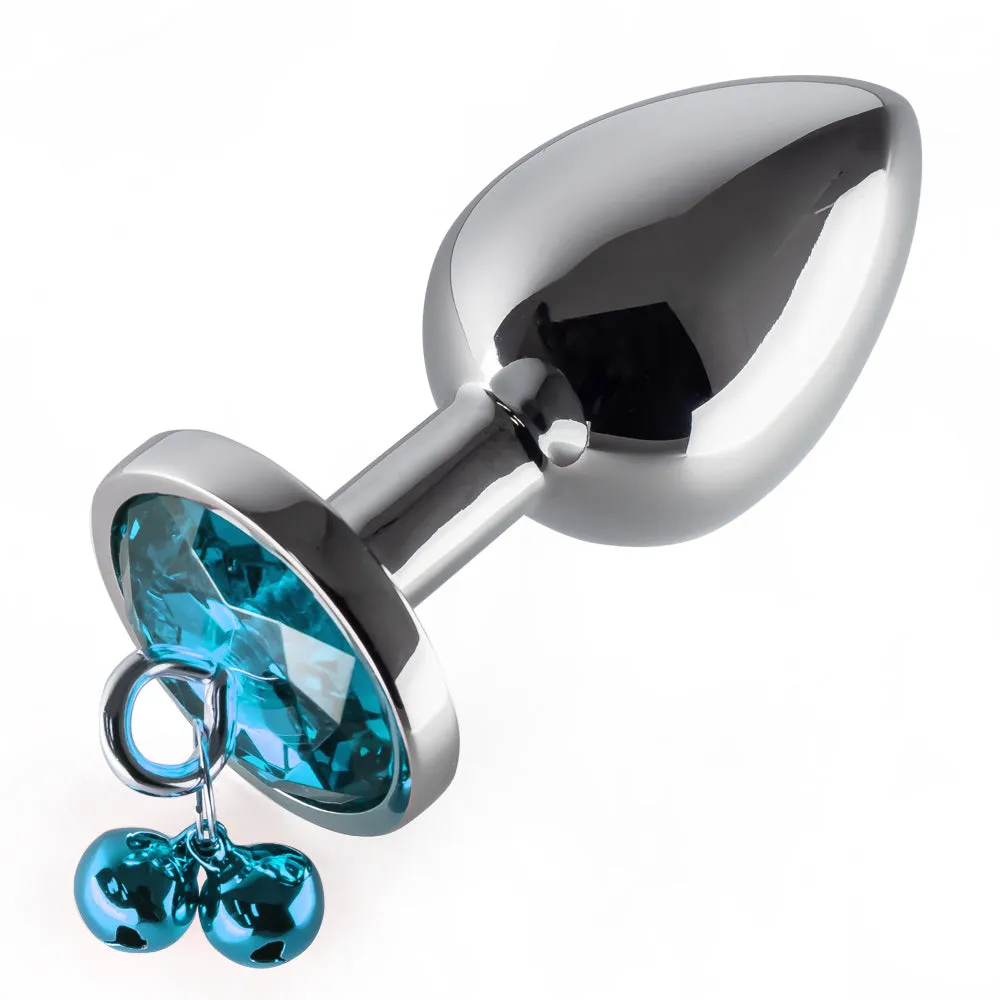 Metal Gem Butt Plug With Bells & Chain Leash - Large