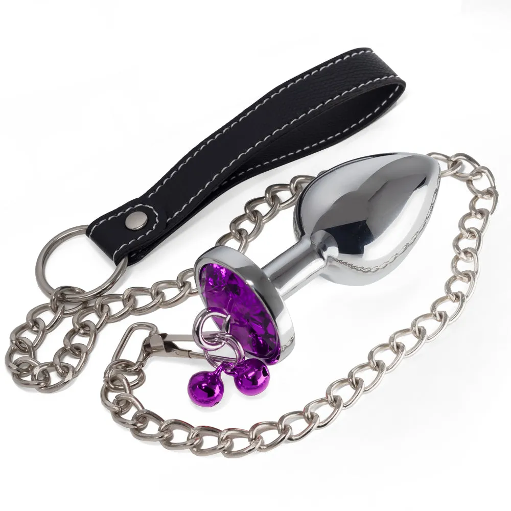 Metal Gem Butt Plug With Bells & Chain Leash - Large