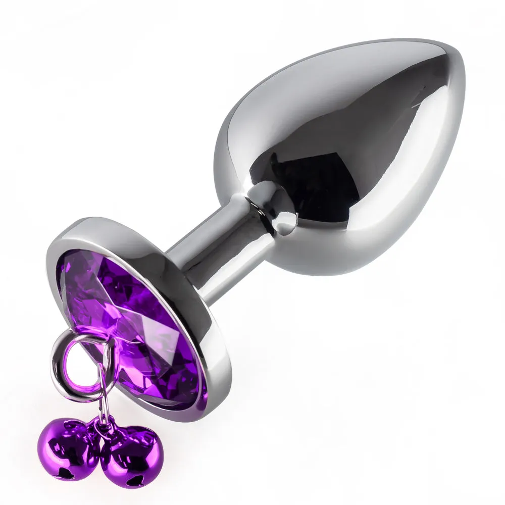 Metal Gem Butt Plug With Bells & Chain Leash - Large