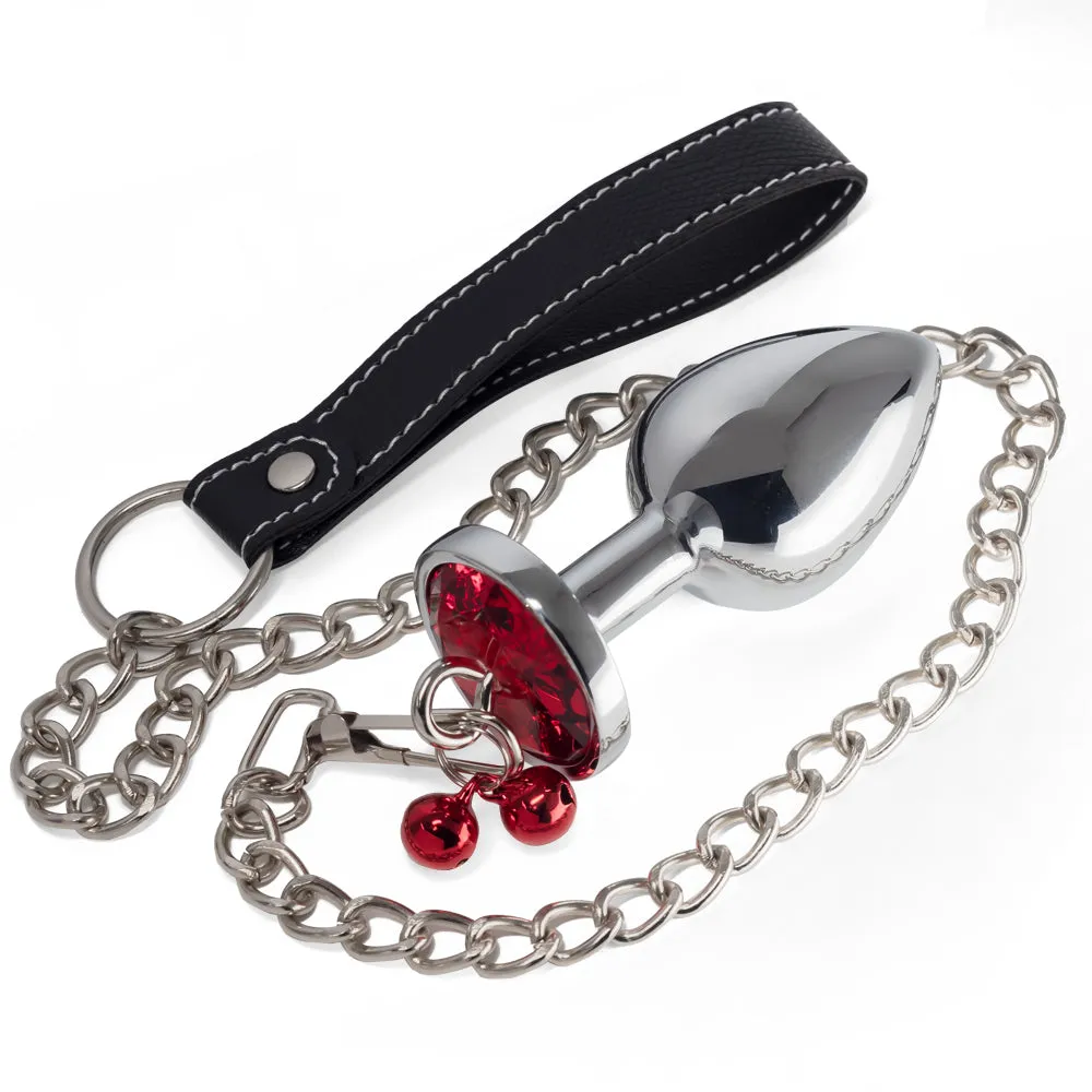 Metal Gem Butt Plug With Bells & Chain Leash - Large