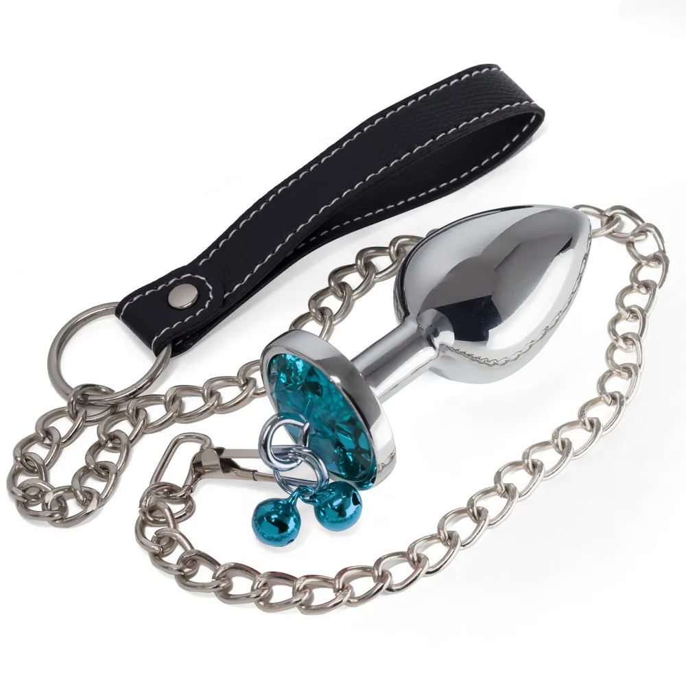 Metal Gem Butt Plug With Bells & Chain Leash - Large
