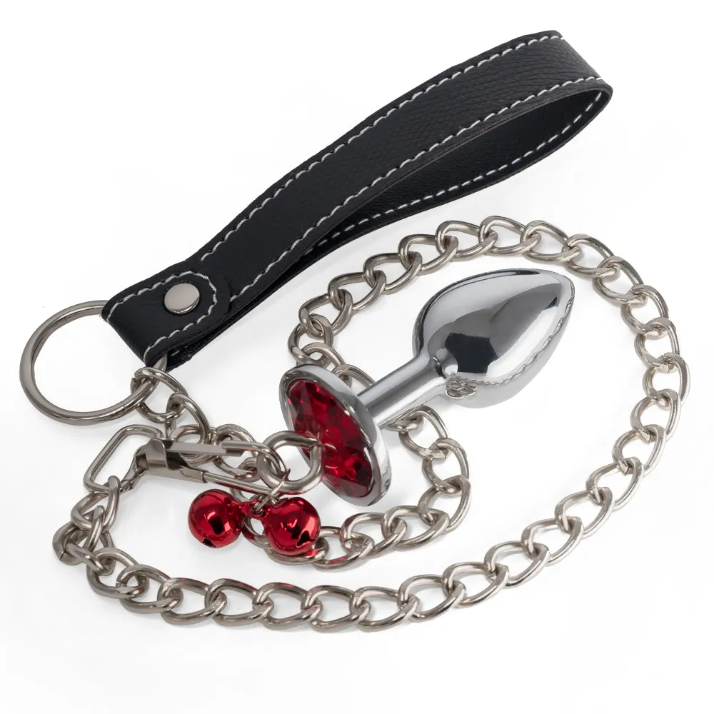 Metal Gem Butt Plug With Bells & Chain Leash - Small