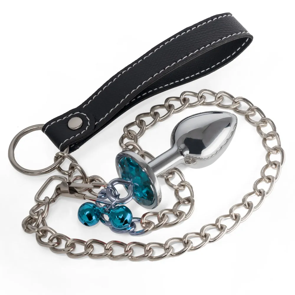 Metal Gem Butt Plug With Bells & Chain Leash - Small