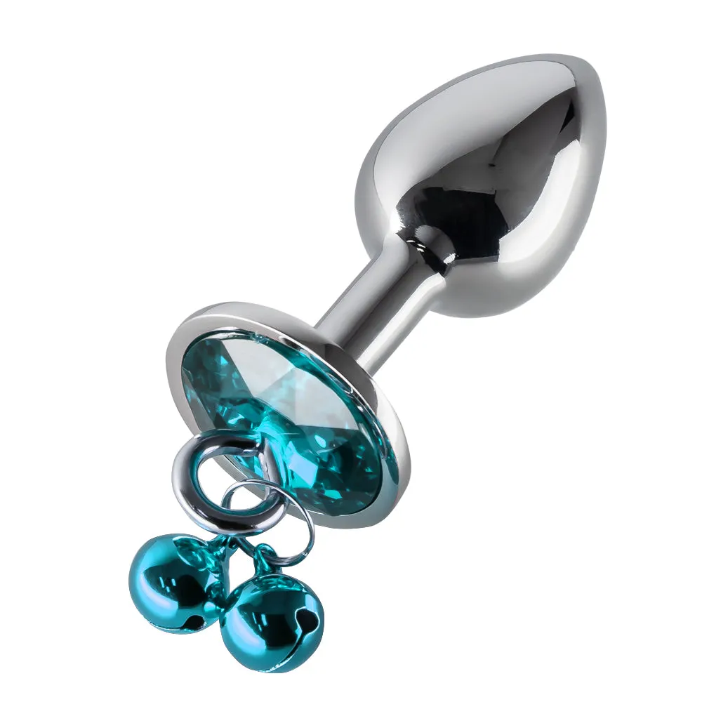 Metal Gem Butt Plug With Bells & Chain Leash - Small
