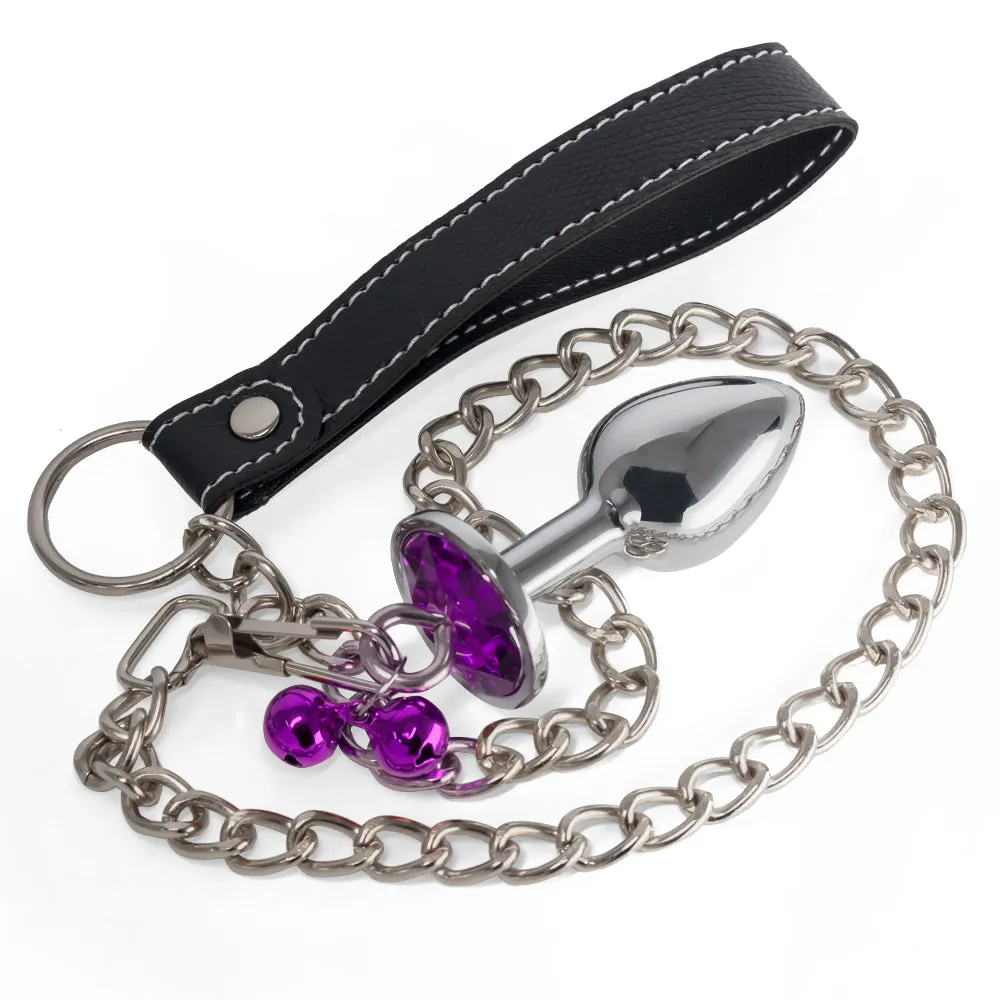 Metal Gem Butt Plug With Bells & Chain Leash - Small