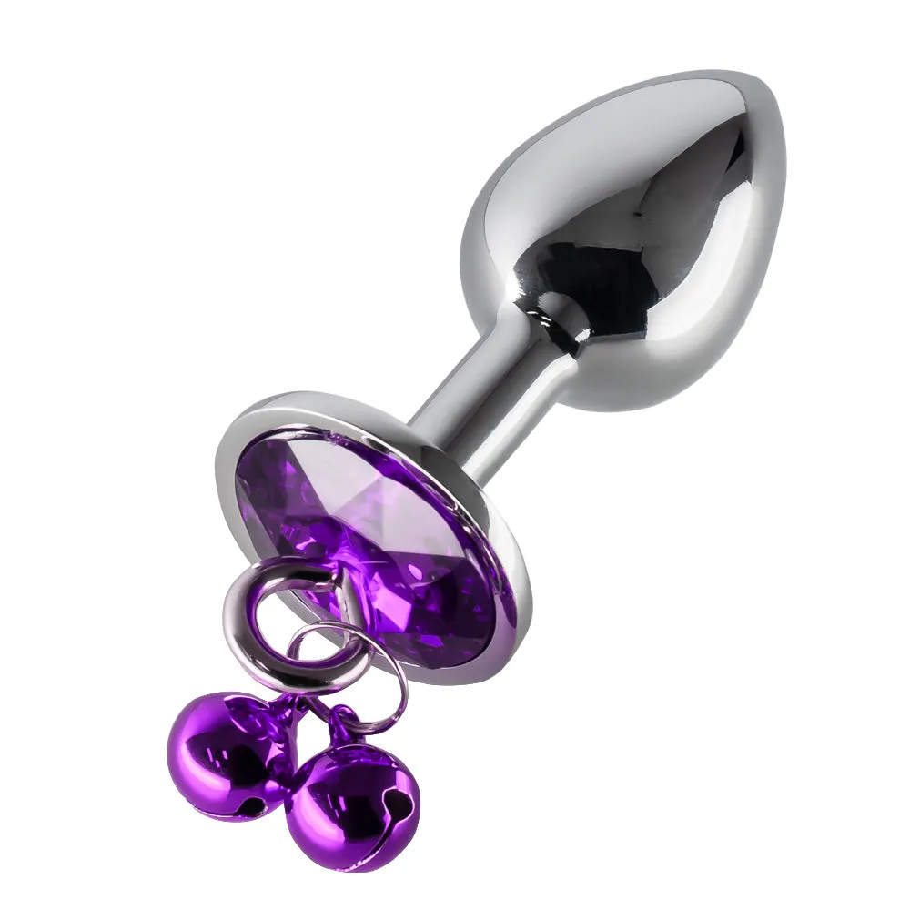 Metal Gem Butt Plug With Bells & Chain Leash - Small