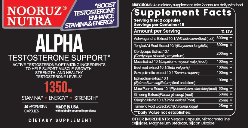 NOORUZ Alpha Men's Testosterone Booster -Ashwagandha, Cordyceps, Maca, Beet, Saw palmetto, Epimedium | Strength Booster Capsules