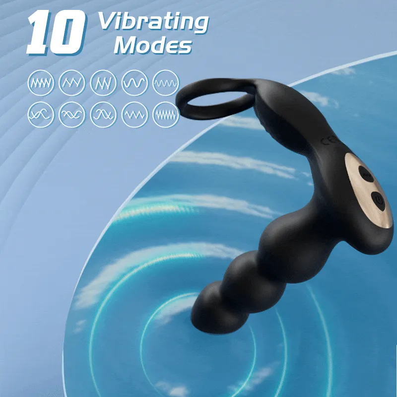 Olan 3 Progressive Beads Low Noise 10 Vibrating Prostate Massager Butt Plug with Cock Ring
