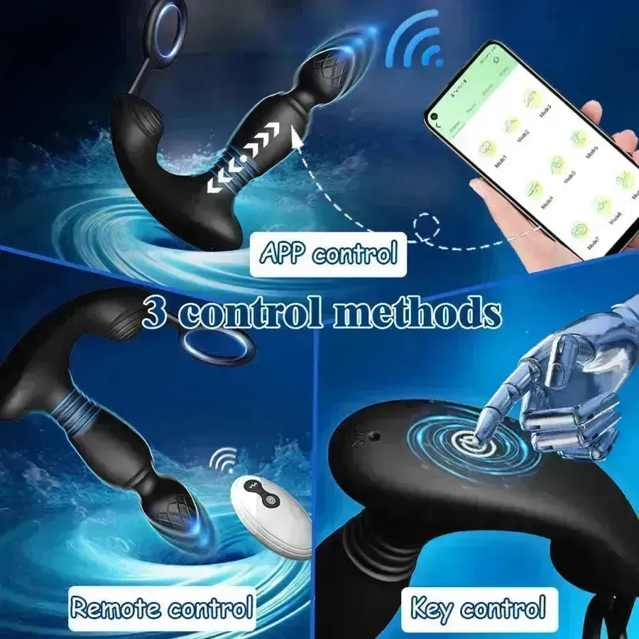 Smart App Controlled Thrusting Prostate Stimulator