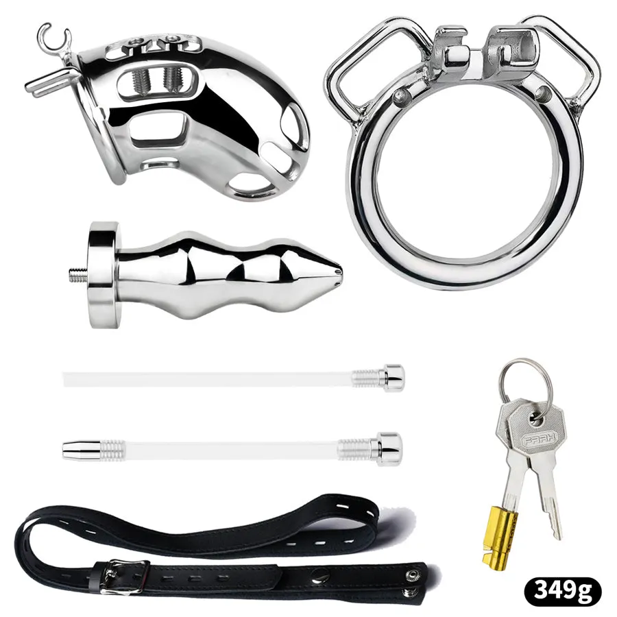 Wearable Metal Chastity Cage with Anal Plug