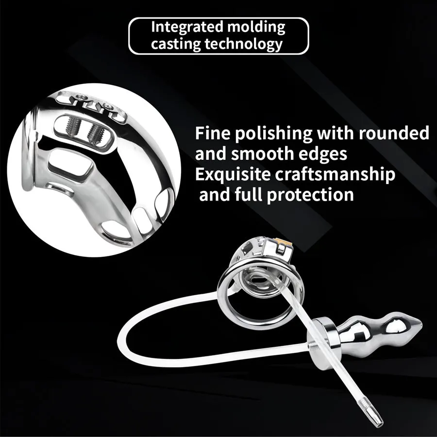 Wearable Metal Chastity Cage with Anal Plug