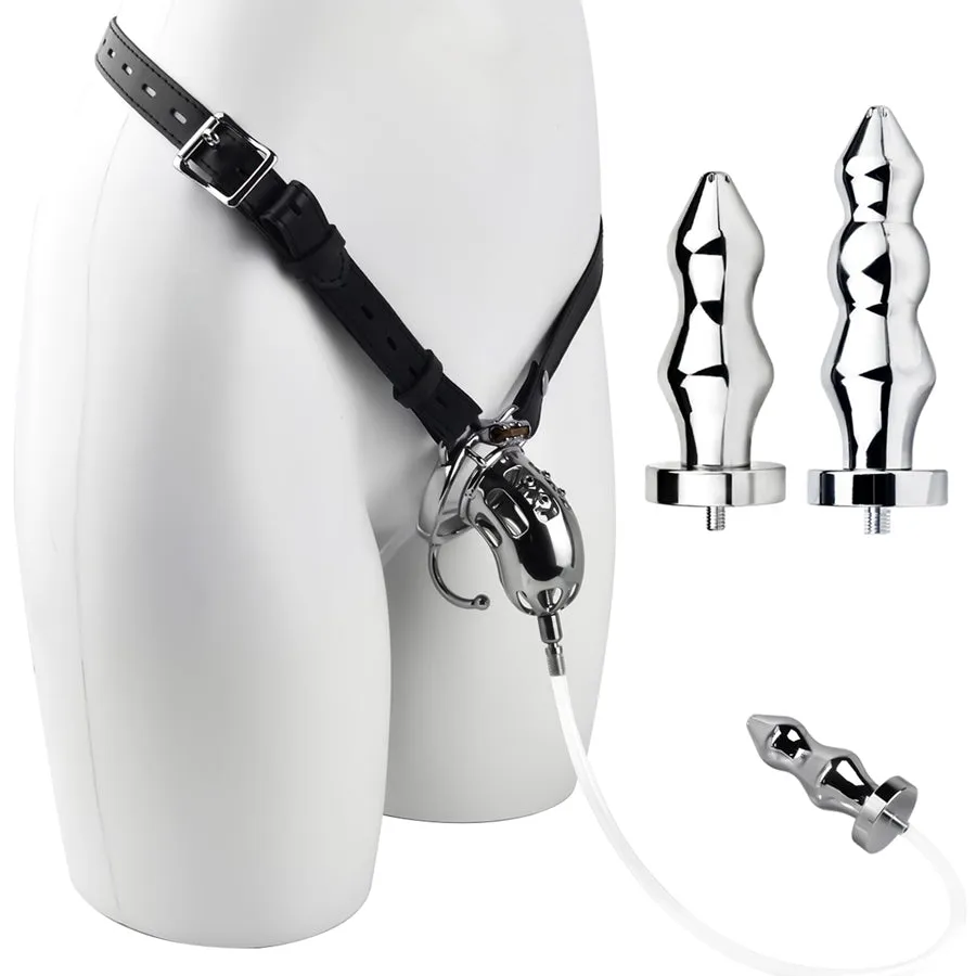 Wearable Metal Chastity Cage with Anal Plug