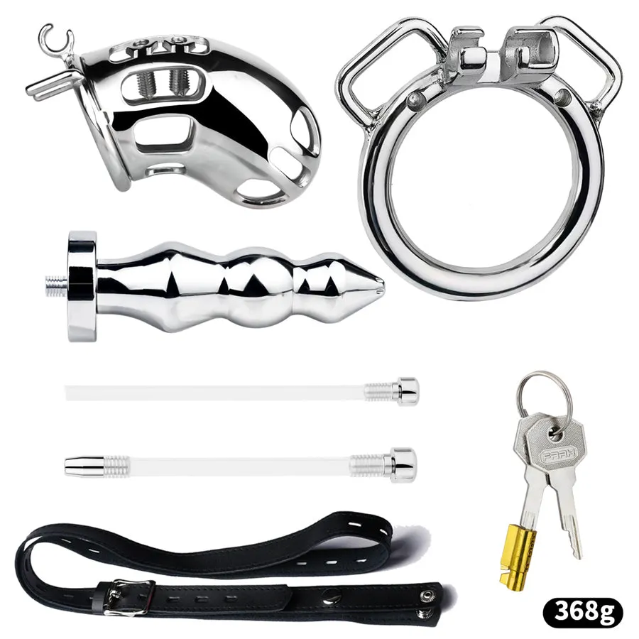 Wearable Metal Chastity Cage with Anal Plug