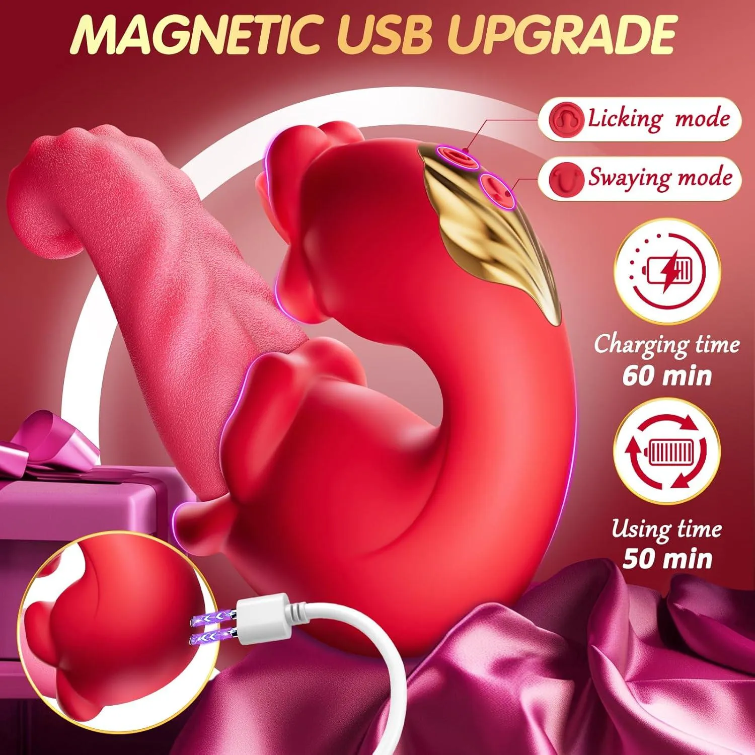 Women Rose Vibrator Realistic Tongue Vibrators 3-In-1 Clitoral & G-Spot Stimulator with 10 Licking Modes