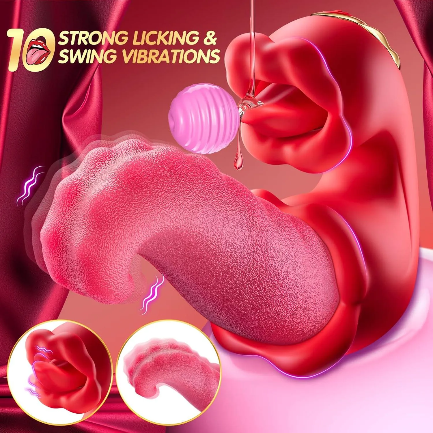 Women Rose Vibrator Realistic Tongue Vibrators 3-In-1 Clitoral & G-Spot Stimulator with 10 Licking Modes