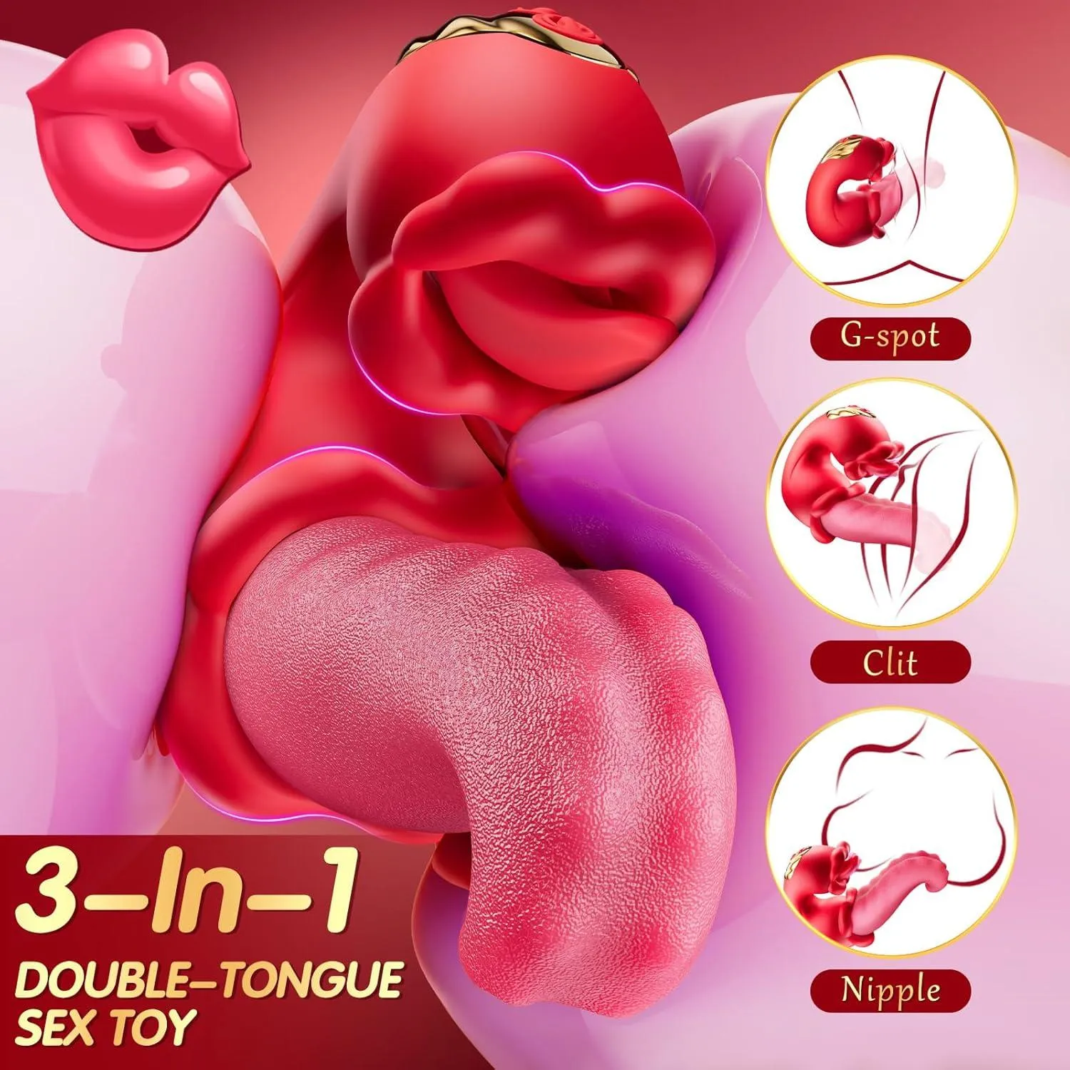 Women Rose Vibrator Realistic Tongue Vibrators 3-In-1 Clitoral & G-Spot Stimulator with 10 Licking Modes